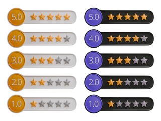 3D render collection of star rating with numbers from one to five on rounded frames. Includes both light and dark mode versions.