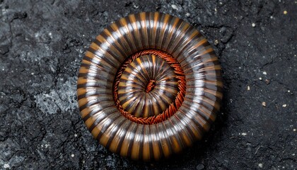 A curled millipede with brown and black stripes on dark gray stone background
