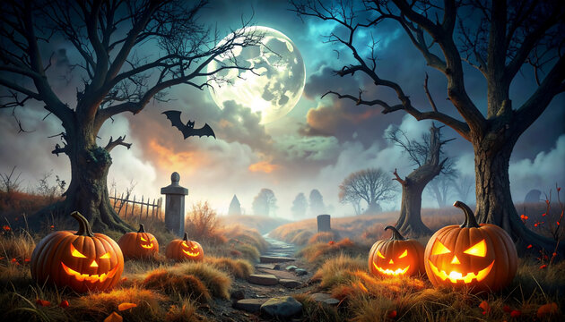 carte halloween effrayante, paysage de nuit avec citrouille, arbre, lune