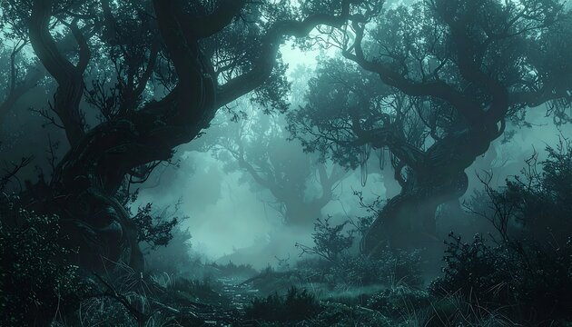 A foggy, low-lit forest scene with gnarled trees and dense undergrowth creates an eerie, mysterious atmosphere
