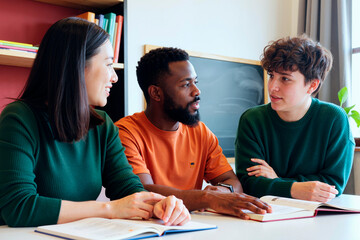 Obraz premium Group of young multiethnic students sitting at table discussing study materials, Asian woman, Black man, man interacting and holding open books in classroom setting