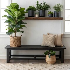 A modern entryway bench with a large fiddle leaf fig plant and decorative pillows, creating a welcoming and stylish space