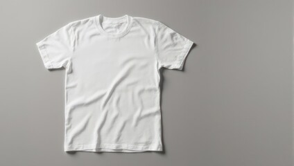A plain, white, short-sleeved t-shirt lies flat on a gray surface, top-down view