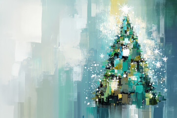 Christmas tree made from geometric square and rectangular shapes with oil paints