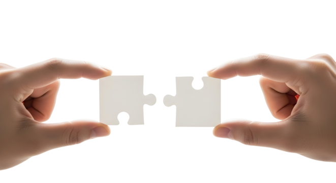 Hands gently connecting two white puzzle pieces on a clean background, embodying partnership, solution, teamwork, and the successful integration of ideas to form a complete whole