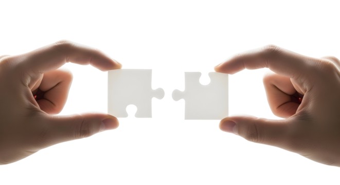 The concept of two hands bringing together white puzzle pieces signifies connection, partnership, and the successful completion of a shared goal or challenge