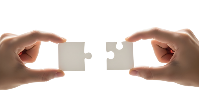 Two hands precisely align and connect two white jigsaw puzzle pieces, symbolizing successful integration of ideas, collaborative problem-solving, partnership, and project completion