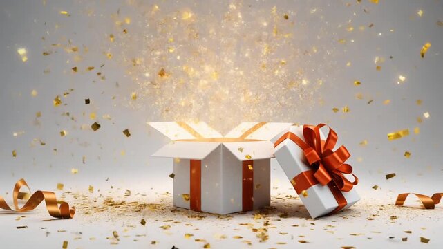 Surprise Gift Box Opening with Confetti on White Background