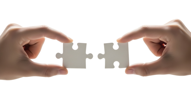 Two hands bringing together intricate puzzle pieces, symbolizing the crucial concept of connection, partnership, and finding a perfect solution for collaborative success and strategic integration