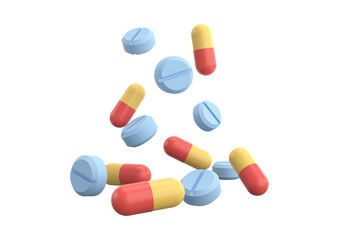 Pills and capsules isolated on transparent background, medication and health concept