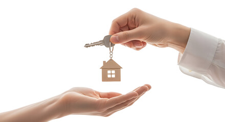 Crucial moment in a real estate transaction house keys, with a house-shaped keychain, exchanged between hands, symbolizing new homeownership and property transfer