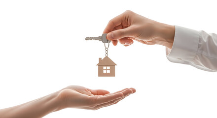 Hands exchanging keys with a house-shaped keychain, symbolizing property ownership, real estate transfer, and the welcoming of a new home or dwelling