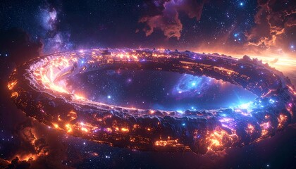 A massive ring-shaped space structure amidst a vibrant nebula, glowing with orange and blue cosmic light