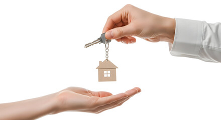 Handing over house keys with a charming small house-shaped keychain, symbolizing new home ownership, a significant real estate purchase, or seamless property transfer, presented on a white background