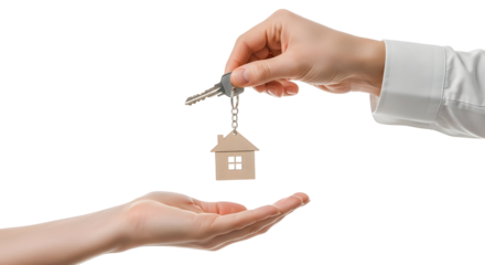 Handing over house keys with a charming small house-shaped keychain, symbolizing new home ownership, a significant real estate purchase, or seamless property transfer, presented on a white background