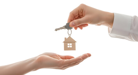A real estate agent gives the keys with a house-shaped keychain to a new homeowner, symbolizing a successful property purchase and ownership