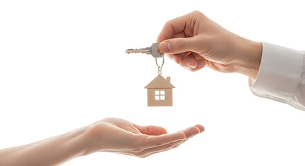 Close-up of a real estate agent giving house keys with a home-shaped keychain to a new homeowner