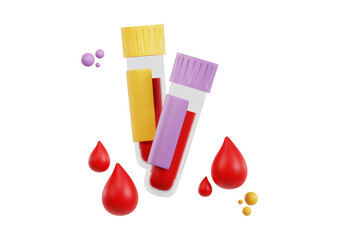 Two test tubes with blood and blood drops, isolated on transparent background