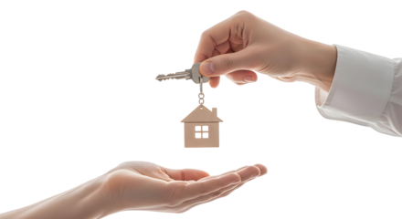 A real estate agent hands over house keys with a home-shaped keychain to a new property owner, finalizing the purchase