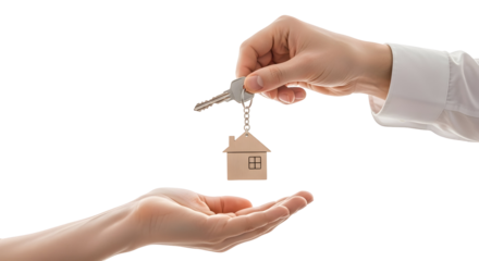 Real estate agent hands over house keys to a new homeowner, symbolizing a successful property purchase and investment on an isolated white background