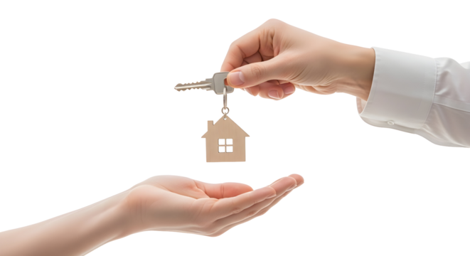 Symbolic Exchange Handing Over House Keys Representing New Beginnings, Property Transfer, and Real Estate Transactions on a Clean White Background