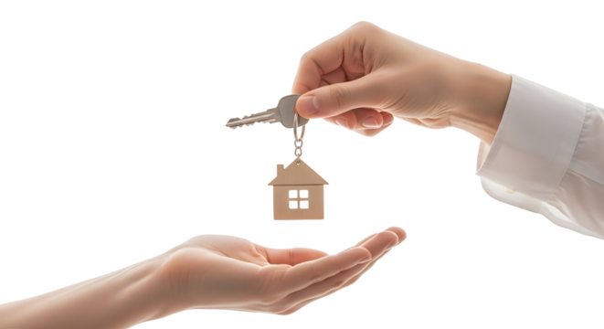 Crucial moment in a real estate transaction house keys, with a house-shaped keychain, exchanged between hands, symbolizing new homeownership and property transfer
