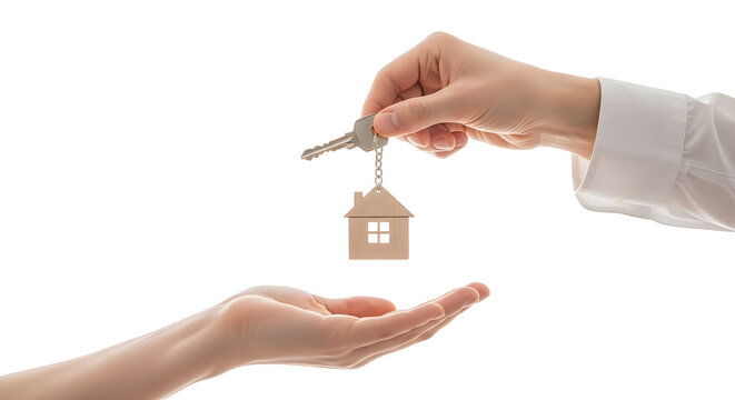 Hands exchanging house keys with a wooden home keychain, symbolizing new property ownership or a successful real estate transaction - Powered by Adobe