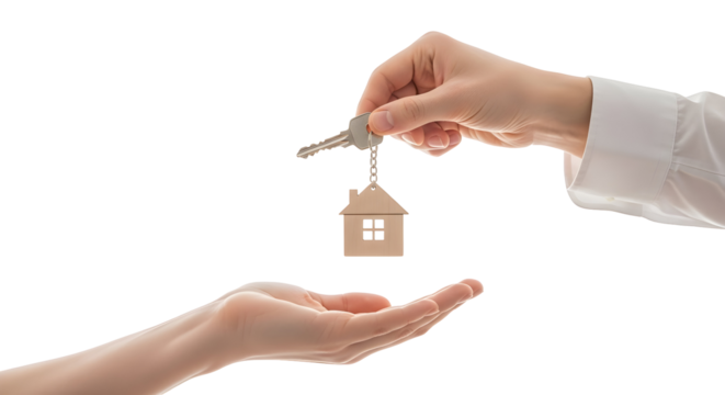 Hands exchanging house keys with a wooden home keychain, symbolizing new property ownership or a successful real estate transaction