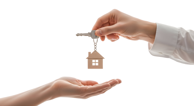 Hands exchanging keys with a house-shaped keychain, symbolizing property ownership, real estate transfer, and the welcoming of a new home or dwelling