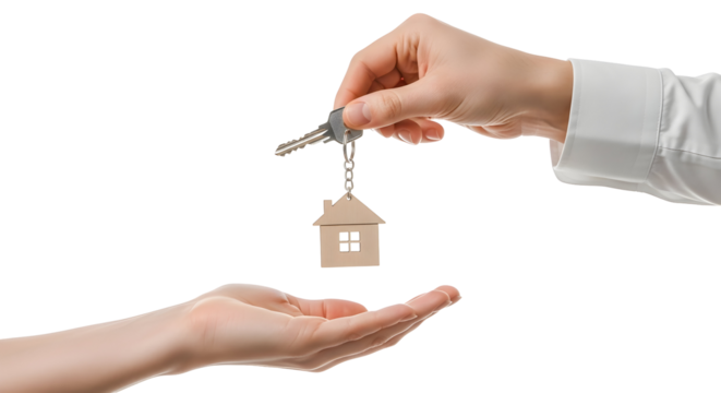 Handing over house keys with a charming small house-shaped keychain, symbolizing new home ownership, a significant real estate purchase, or seamless property transfer, presented on a white background