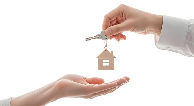 Real estate agent handing over house keys to a new homeowner after a successful property purchase agreement
