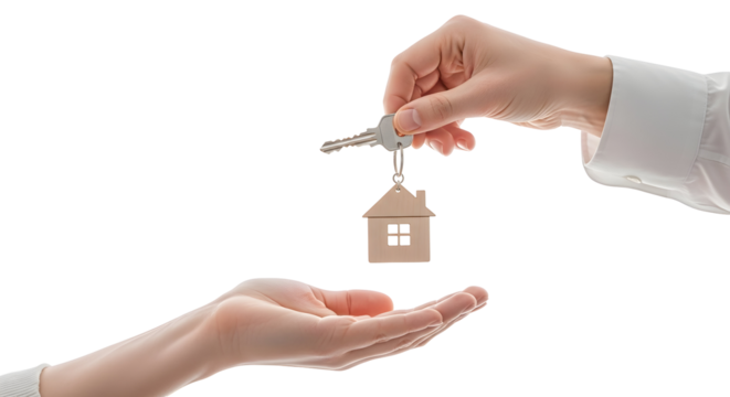 Real estate agent handing over house keys to a new homeowner after a successful property purchase agreement