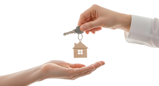 A real estate agent gives the keys with a house-shaped keychain to a new homeowner, symbolizing a successful property purchase and ownership