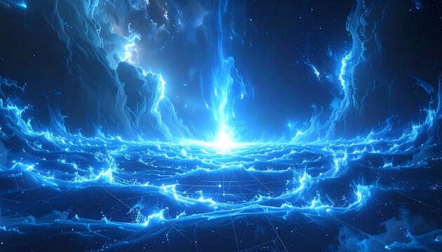 A vibrant, swirling blue and white abstract image evoking an otherworldly landscape or cosmic event