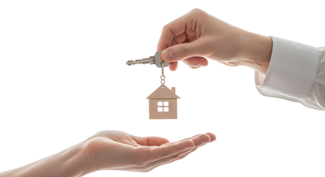 A real estate agent hands over house keys with a home-shaped keychain to a new property owner, finalizing the purchase - Powered by Adobe