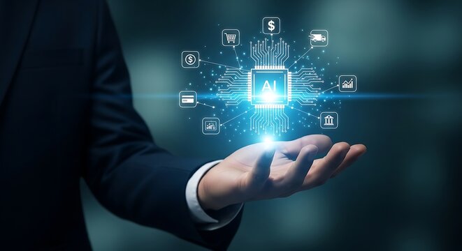 Smart business solution with a holographic interface showing AI controlling various market sectors