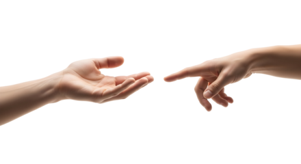 A symbolic representation of connection, creation, and humanity, with two hands nearly touching in an iconic gesture
