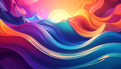 Abstract artwork with flowing waves in vibrant hues under a glowing sun, creating a dynamic and colorful composition