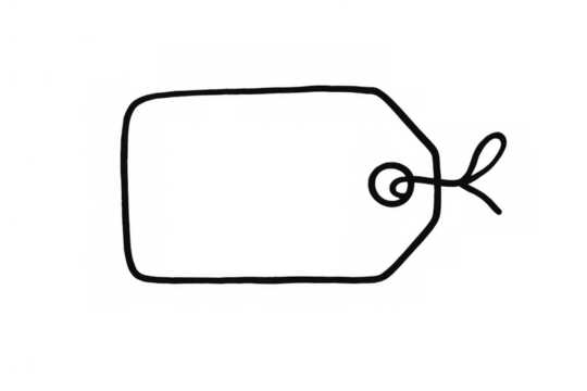 Doodle tag with bow string, hand drawn sketch style, retail price label, empty clothing item discount