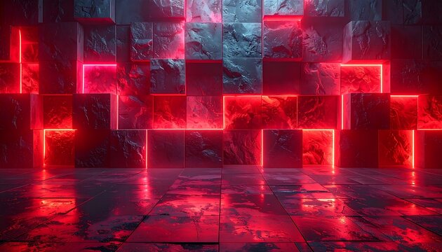 Abstract blocks with textured surface glow with red neon lights reflected in a glossy floor, creating an industrial ambience - Powered by Adobe