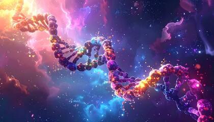 Abstract DNA double helix over a nebula of swirling colors and stardust, creating a vibrant, cosmic-themed imagery