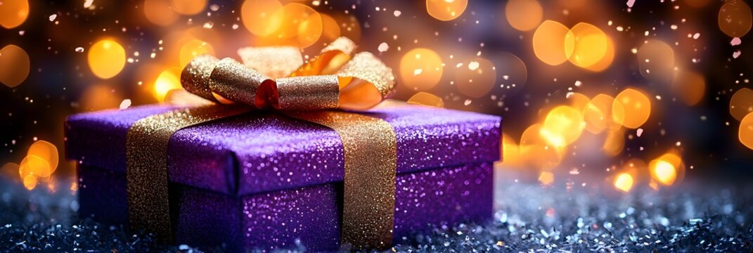 Shiny purple gift box with gold ribbon and sparkling background creates a festive atmosphere during the holiday season