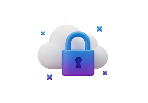 Cloud security with a padlock isolated on transparent background