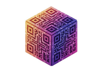 3d qr code cube with colorful gradient isolated on transparent background