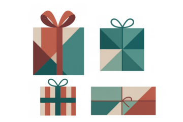 Four unique gift boxes with ribbons and bows, featuring colorful geometric patterns. Transparent background