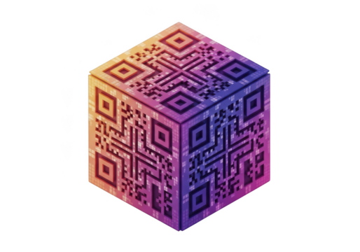 3d qr code cube with colorful gradient isolated on transparent background