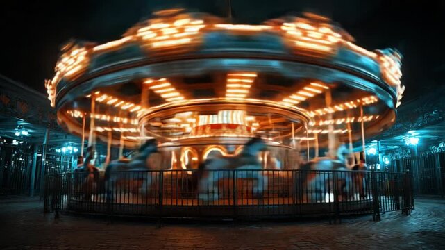 Enchanting Nighttime Carousel: A Whirling Dance of Lights and Horses Captured in Motion