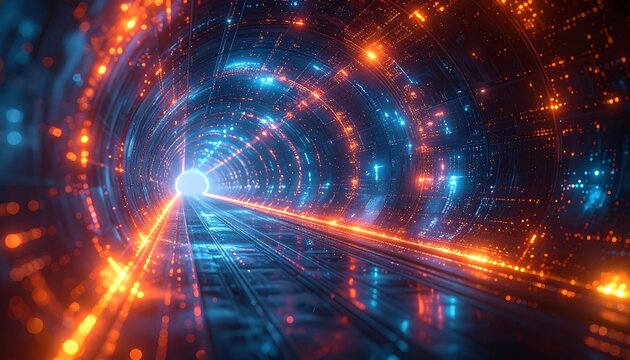 Abstract tunnel with blue and orange lights leading to a bright, blurry light at the end of the path