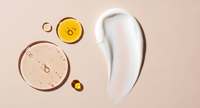 Close up of cosmetic textures with oil droplets and a creamy swirl on a neutral background