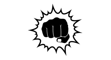A black silhouette of a fist breaking through a starburst shape